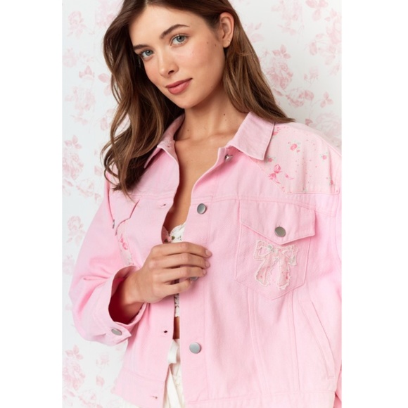 “The Flora" Pink Bow Patch Twill Jacket - Picture 1 of 7